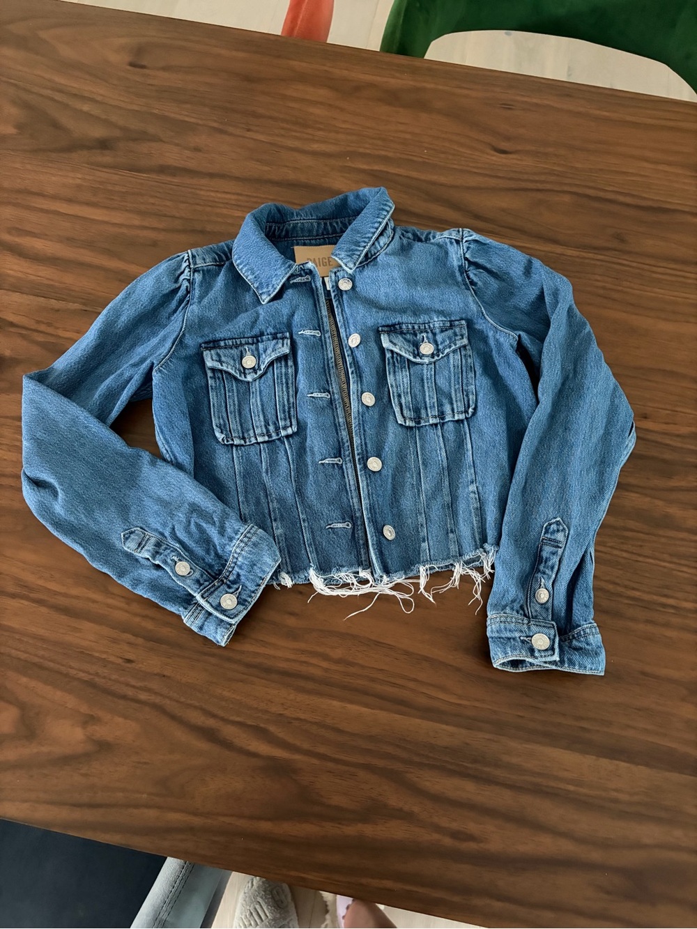 PAIGE Distressed Light Blue Cropped Denim Jacket